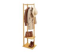 Relaxdays Porte-manteau bambou & MDF, H x L x P 155 x 38 x 30 cm, 2 tablettes, 3 crochets, tringle, naturel