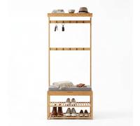 Relaxdays Porte-Manteau, Banc, 2 étagères à Chaussures, 10 Crochets, HxLxP 175x70x33 cm, Bambou, Naturel