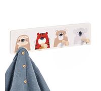 Relaxdays Porte-Manteau Enfant 4 Crochets, Marron/Gris | motif paresseux tigre ours koala, MDF pin, 10x38x5,5cm