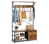 Relaxdays Porte-Manteau Noir | industriel avec banc à chaussures, 2 tiroirs et crochets pour l'entrée et le vestiaire
