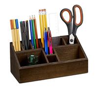relaxdays Porte, organiseur de bureau en bambou, avec 10 compartiments pour crayons et feuilles, marron foncé, 10 x 23 x 10 cm