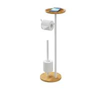 Relaxdays Porte-Rouleau, Rouleaux de Rechange, Tablette, Blanc/Naturel | bambou, métal, HxBxT 65x25x20 cm, support WC