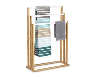 Relaxdays Porte-serviettes ,3 barres, bambou, support sur pied, accessoires salle de bain, serviteur de chambre, nature