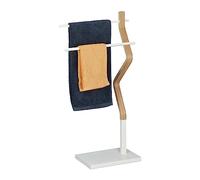 Relaxdays Porte-Serviettes Autonome, Support à torchons avec 2 Barres, pour lavettes, Bois & métal, Blanc/Naturel