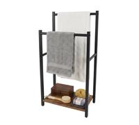 Relaxdays porte-serviettes avec tablette H80×L42×P24 cm, noir/marron | 2 tringles, porte-serviettes sur pied, MDF et métal