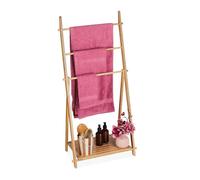 Relaxdays Porte-serviettes bambou, 3 barres, 1 étagère, HxLxP: 110x53x31,5 cm, pliable, échelle sèche-serviettes, nature