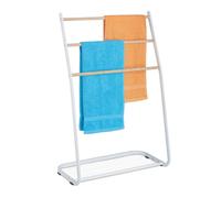 Relaxdays Porte-serviettes sur pied, métal, 3 traverses aspect bois, pour serviettes, HxLxP : 87 x 58 x 29,5 cm, blanc