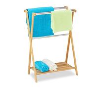 Relaxdays Porte-serviettes sur pieds, 5 barres, bambou, nature | acier inoxydable, support à lavettes de salle de bain, 87x58,5x36 cm