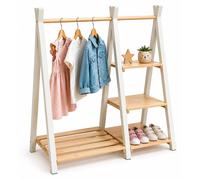 Relaxdays, porte-vêtements pour enfants, en bois de pin, avec barre de suspension et étagère, dimensions : 111,5 x 112 x 48 cm, idéal pour une chambre d'enfant, couleur : naturel/blanc
