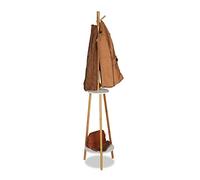 Relaxdays Portemanteau, 8 crochets, 2 étagères, Porte-vestes en bambou et bois MDF, H x D 181 x 37cm, nature/blanc, 181 x 37 x 37 cm