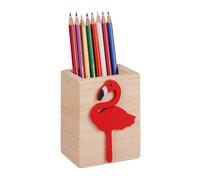 Relaxdays Pot à crayons flamant rose, bois, HxLxP : 10 x 8 x 6 cm, porte-stylos pour bureau, pinceaux, nature - rouge