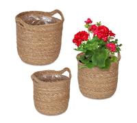Relaxdays Pot de Fleur, Lot de 3, avec poignées, Pot de Plante, pour Plantes, Fleurs & Herbes, zostère, Nature