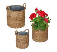Relaxdays Pot de Fleur Rond, Lot de 3, en zostère, Panier pour Herbes, Plantes et Fleurs, Jardin, Balcon, Nature