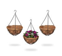 Relaxdays Pot de Fleurs en Lot de 3, métal & Fibres de Coco, H x D: 48 x 31 cm, intérieur et extérieur, Nature - Noir