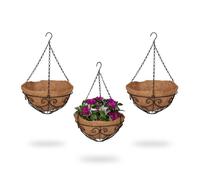 Relaxdays Pot de fleurs en lot de 3, métal & fibres de coco, H x D: 48 x 31 cm, intérieur et extérieur, nature - noir