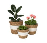 Relaxdays Pot de fleurs, lot de 3, en roseau, pots doublés, 3 tailles, style bohème, cache-pots ronds, blanc/marron