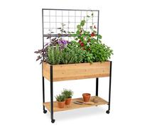 Relaxdays Potager surélevé avec Treillis, étagère, roulettes, HxLxP 165x102x47,5 cm, Bois, Acier, Naturel/Noir