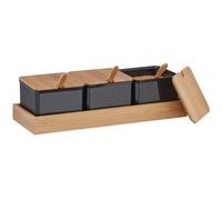 Relaxdays Pots À Épices, Lot De 3, Bocaux, Cuillère Et Couvercle, Plastique, Bambou, Sucrier Sur Plateau, Cuisine, Noir