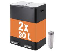 Relaxdays Poubelle 2 compartiments, noire | Système de tri des déchets, 2 x 30 l, seaux amovibles, fermeture amortie, pédale, inox anti-traces, filtre à charbon