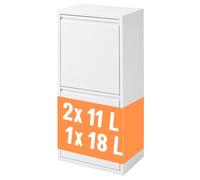 Relaxdays Poubelle 3 compartiments, blanche | 18 l + 2x 11 l, rabattable, seaux amovibles, métal, à poser ou murale