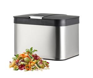 Relaxdays Poubelle à compost pour plan de travail, 4,5 L, hermétique, bac intérieur amovible, inox mat, argent/noir