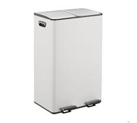 Relaxdays Poubelle de cuisine en fer 2 compartiments 2 x 30 L, seaux amovibles, pédale, blanc/argent