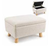Relaxdays Pouf avec rangement rembourré 28 x 40 x 30 cm aspect bouclé pieds en bois carré beige