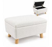 Relaxdays Pouf avec rangement rembourré 28 x 40 x 30 cm aspect bouclé pieds en bois carré blanc
