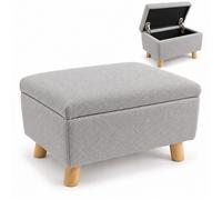 Relaxdays Pouf avec rangement rembourré 28 x 40 x 30 cm aspect bouclé pieds en bois carré gris clair