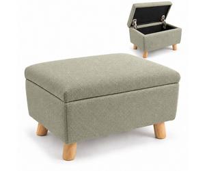 Relaxdays Pouf avec rangement rembourré 28 x 40 x 30 cm aspect bouclé pieds en bois carré vert sauge