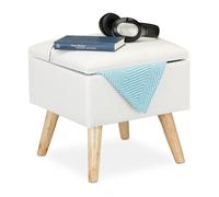 Relaxdays Pouf coffre revêtement lin synthétique rembourré pieds bois avec couvercle HxLxP 40 x 40 x 40 cm blanc