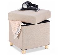 Relaxdays Pouf cube rembourré matelassé avec rangement, revêtement tissu, beige, 40 x 38 x 38 cm