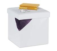 Relaxdays Pouf de Rangement, Tabouret Pliable, rembourré, Similicuir, 40 litres, Cube, HxLxP 38 x 37 x 37 cm, Blanc