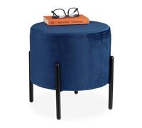 Relaxdays Pouf en velours, tabouret rond, matelassé, pieds en métal noir, HxD : 38,5x40,5 cm, siège tissu, bleu