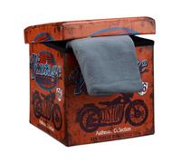 Relaxdays Pouf pliable 38 cm, cube robuste en similicuir imprimé, tablette & rangement, style vintage