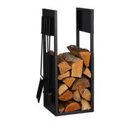 Relaxdays Range-bûches avec couverts, métal, HxLxP: 76,5x36x30 cm, support intérieur pour bois de chauffage, noir