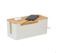 Relaxdays Range-câbles pour 2 multiprises, couvercle en bambou, plastique, HxLxP: 13x31x14 cm, boîtier, blanc - nature