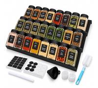 Relaxdays Range-épices pour tiroir, noir | Organisateur de cuisine, 6 inserts réglables, 24 pots en verre de 120 ml, 480 étiquettes, entonnoir, marqueur, brosse