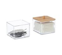 Relaxdays Rangement disques coton et coton-tiges, plastique, couvercle bambou, contenants empilables, transparent/nature