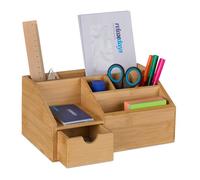 Relaxdays Rangement pour le bureau, 6 compartiments ouverts, tiroir, bambou, H x L x P : env. 11 x 24,5 x 15 cm, nature