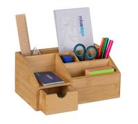 Relaxdays Rangement pour le bureau, 6 compartiments ouverts, tiroir, bambou, H x L x P : env. 11 x 24,5 x 15 cm, nature