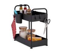 Relaxdays Rangement sous évier, 2 Niveaux, 6 Crochets & 2 Pots, HxLxP: 42,5x22x40 cm, pour Cuisine & Salle de Bain, Noir