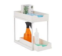 Relaxdays Rangement sous évier, 2 Niveaux, Extensible, HxLxP: 37x22x40 cm, Organiseur Cuisine & Salle de Bain, Blanc