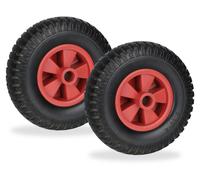 Relaxdays Roue de brouette 2.50-4, lot de 2, caoutchouc plein, plastique, roue de rechange pour brouette, anti-crevaison, 80 kg, noir/rouge