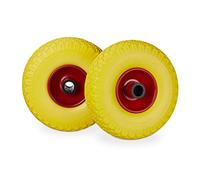 Relaxdays Set de 2 roues de brouette pneus pleins 3.00-4 260x85 mm axe 25 mm jaune-rouge