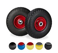 Relaxdays Roue de diable, 2x roue de brouette caoutchouc, pour axe de 20 mm, 3.00-4", 260 x 85 mm, noir-rouge