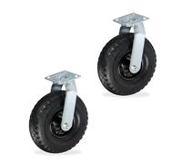 Relaxdays Roue pivotante, lot de 2, pneumatique, 3.00-4, plaque en acier, charge lourde, 120 kg chacune, argenté/noir