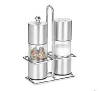 Relaxdays salière et moulin à poivre en céramique, en lot de 2, acier inoxydable, avec support, sel et poivre, argenté