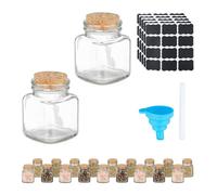 Relaxdays Salière et poivrière, lot de 20, 100 ml, étiquettes, entonnoir, couvercle en liège, transparent et nature