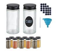 Relaxdays Salière et poivrière, Set de 12, Embout tamiseur, étiquettes, marqueur, Entonnoir, Transparent et Noir